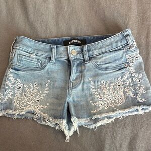 Express Denim Blue Embroidered Jean Shorts